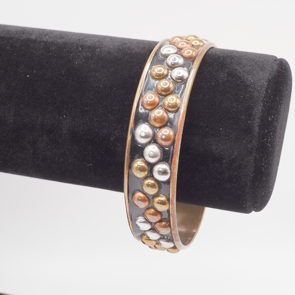 Vintage Bangle Bracelet Black Enamel Mixed Metal Brass Copper Tone Studded